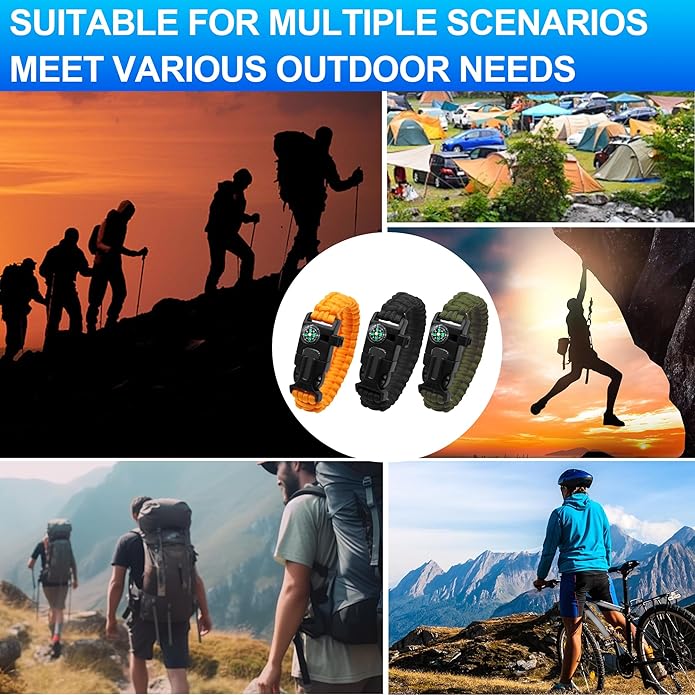 aiGear Survival Bracelet Set 3 Pack with Compass & Whistle, Camping, Hiking Emergency Gear (Black, Green, Orange)