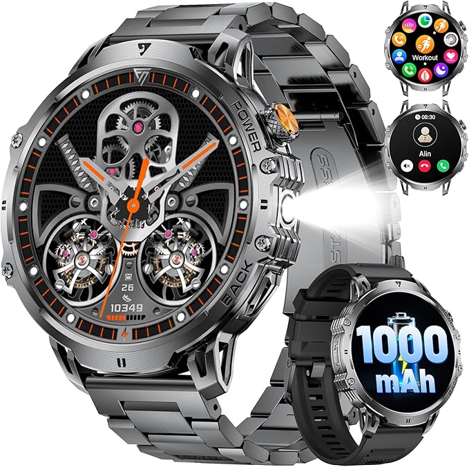 Military Smart Watch for Men, 1.85" HD Large Screen, Bluetooth Call/1000mAh/Flashlight/Heart Rate Sleep Monitor, 110+ Sports Modes Fitness Tracker Watch for Android iOS, Holiday, Black Steel