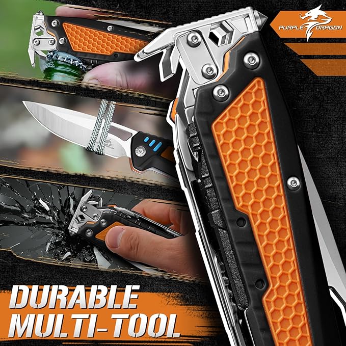 Purple Dragon Multitool,13-in-1 Pocket Knife with Sheath,Perfect for Camping, Hiking & Outdoor Use, Gift for Men Dad Husband– Orange