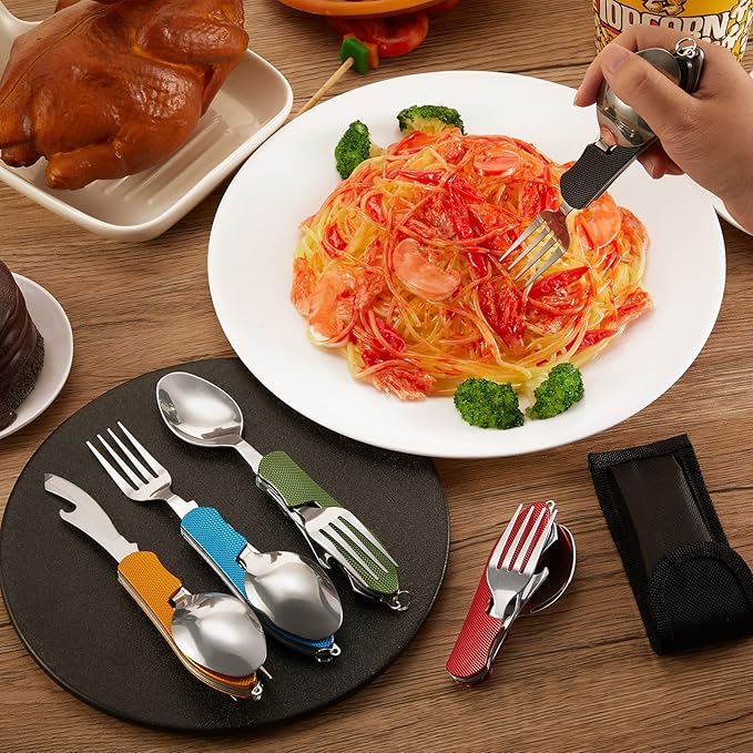Folding Camping Utensil Set – Stainless Steel Spoon, Fork, Knife & Bottle Opener – Portable Outdoor Tableware, Backpacking Cutlery in Red, Green, Blue, Black, Gold(5 Pcs)
