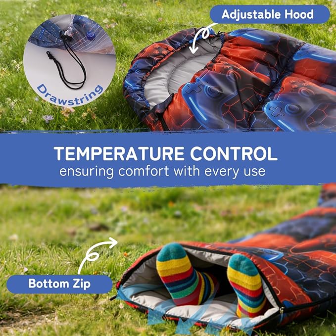tuphen Kids Sleeping Bag - 50-77℉ 3-Season Waterproof Sleeping Bag for Boys & Girls, Lightweight 2.2 lbs Camping Gear with Compression Bag Ideal for Camping, Hiking, Indoor