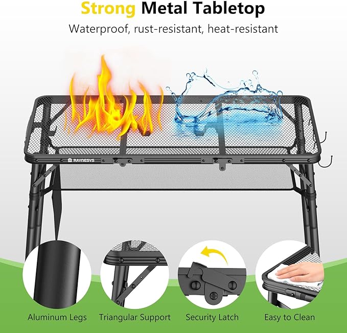 Raynesys Tri-fold Camping Table, 3 Heights Adjustable Grill Table with Storage Bag, Aluminum Frame Folding Tables, Portable Handle for Outdoor Camping Picnic Cooking BBQ, 35.43"x15.75", Black