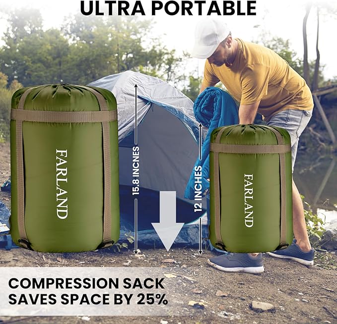 FARLAND Sleeping Bags for Adults Teens Kids with Compression Sack Portable and Lightweight for 3-4 Season Camping, Hiking,Waterproof, Backpacking and Outdoors