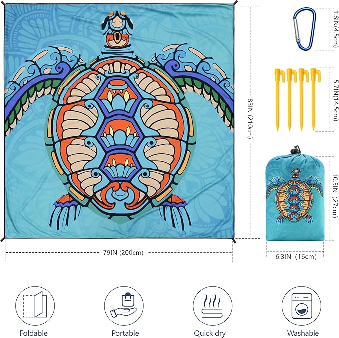 HIHOHO Beach Blanket Waterproof Sandproof Beach Mat 79”x 83” for 1-8 Adults Quick Drying Durable Outdoor Picnic Mat for Beach Festival Travel Camping Hiking (Mandarin Seaturtle, 79"×83"(4 Person))