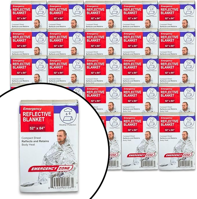 [25 Pack] Thermal Reflective Emergency Blanket 52”x84” | Emergency Mylar Blankets | Survival Blanket for Survival Supplies | Camping, Hiking, or Emergencies