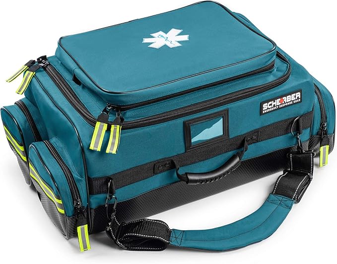 Scherber First Responder O2 Bag | Ultimate Professional EMT/EMS Trauma Oxygen Kit | Durable Reflective 600D Water Repellant Bag w/10+ Compartments, Zippered Pockets, Dividers & Padded Strap XL - Blue