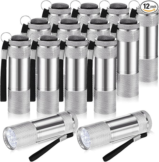 VIHOSE 12 Pcs Mini Flashlights Bulk, Bright Aluminum Handheld Flash Lights with Lanyard, Small LED Flashlights for Night Reading Emergency Hurricane Camping Hiking Party Favors(Silver)