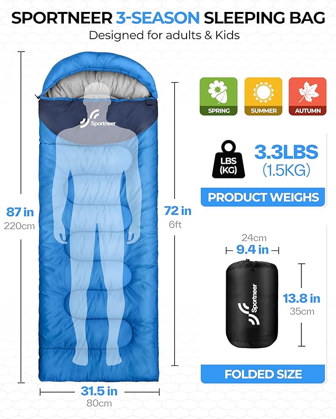 Sportneer Sleeping Bag for Adults & Kids, Cold Weather & Warm Waterproof Camping Sleeping Bag, Compact Portable for Camping Hiking & Travel