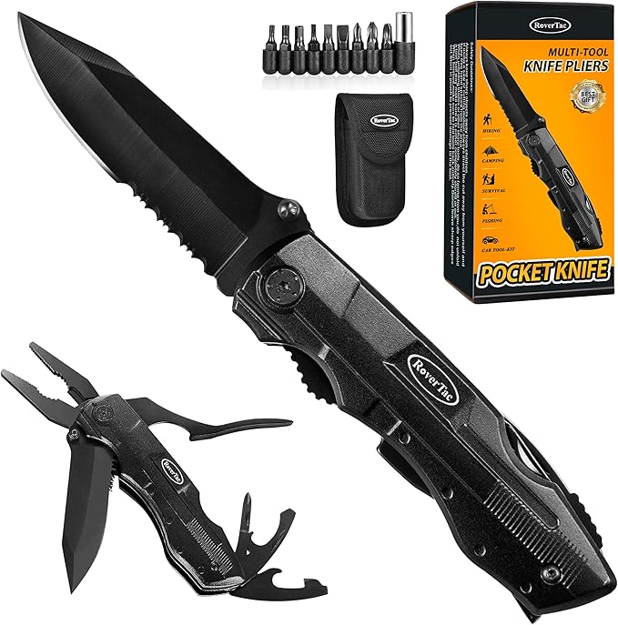 RoverTac Pocket Knife, 15-in-1 Multitool with Pliers, Bottle & Can Opener, 9 Screwdriver Bits, Locking Mechanism & Nylon Sheath - EDC Multi Tool for Camping, Hiking & DIY, Gift for Men & Dad