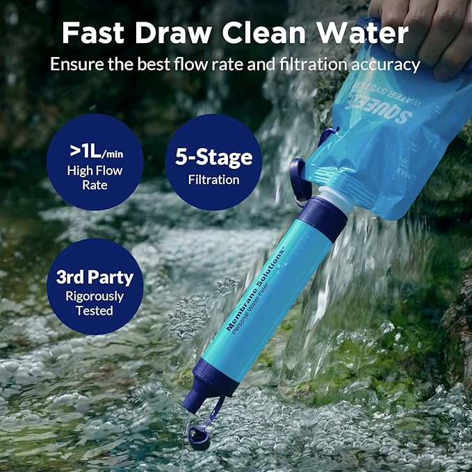 Membrane Solutions Squeezable Water Filtration System, Survival Water Purifier Kit, Portable Backpacking Gear Including Water Filter Straw and 23oz Collapsible Bottle for Hiking Camping Travel(5+6)