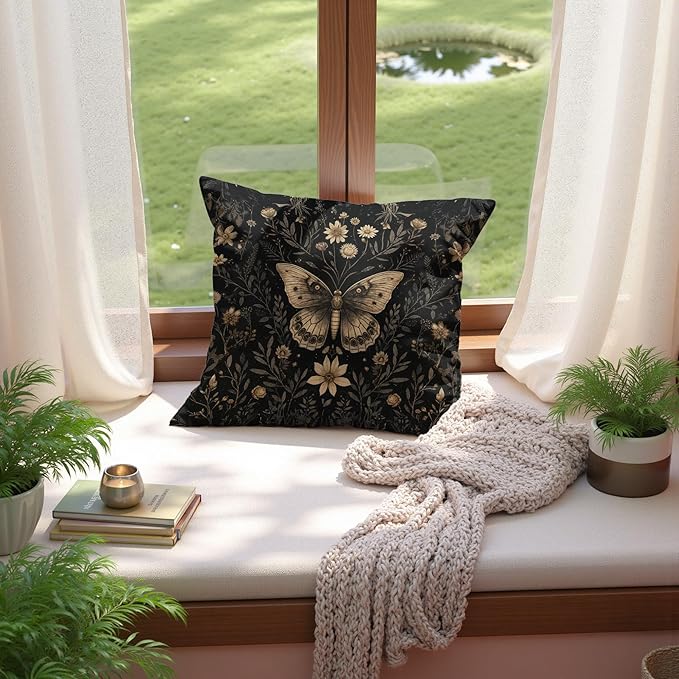 Vintage Moody Floral Butterfly Pillow Covers 18x18, Dark Cottagecore Decor, Dark Academia Botanical Moth Insect Decorative Throw Pillow Covers for Home Bedroom Living Room Sofa Couch