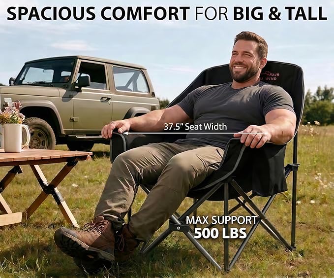 FAIR WIND Oversized Padded Camping Chair Heavy Duty Quad Fold Arm Chair Portable for Outdoor - Support 500LBS, Black