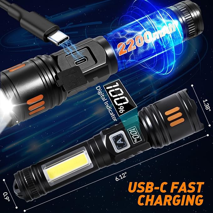 AYL Rechargeable Flashlights 2 Pack, Super Bright High Lumens Flash Light, 6 Modes Zoomable Linternas with LCD Display, High Powered Handheld LED Flashlights for Home, Emergencies, Camping