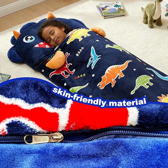 Kid Sleeping Bag with Pillow - Larger Nap Mat - Plush Slumber Bag for Boys Girls Daycare Preschool Kindergarten Birthday Gift Travel Sleepover Ages 3-12 Years