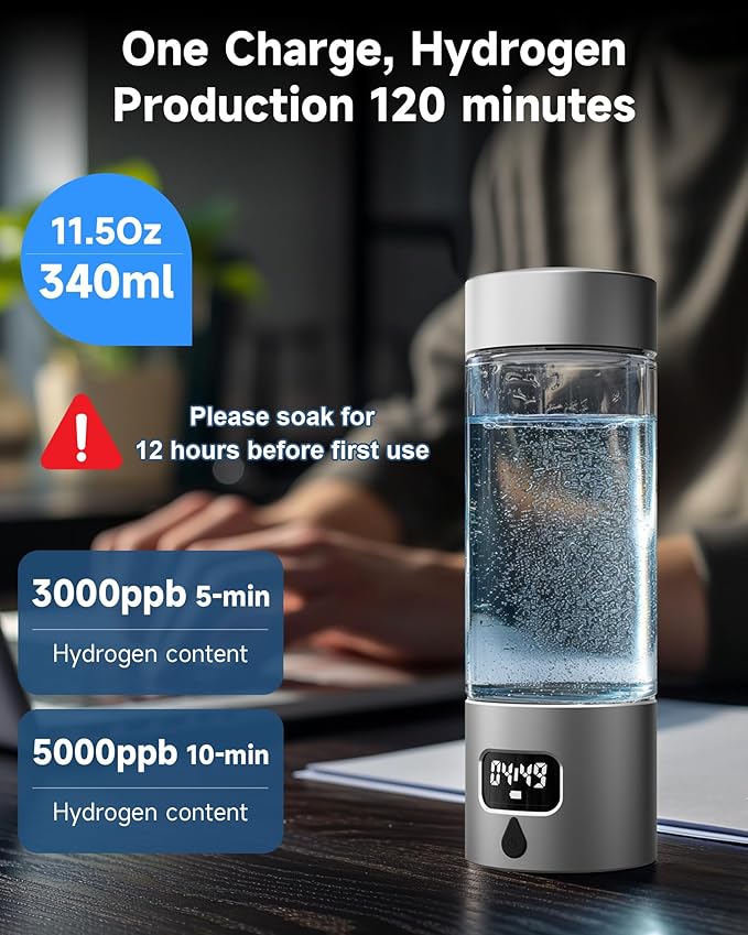 340ml Portable Hydrogen Water Bottle Generator with PEM-SPE Technology, Glass Exterior & Aluminum Shell, Produces 5000 ppb Hydrogen in 10 Minutes, for Home, Gym, Office & Travel