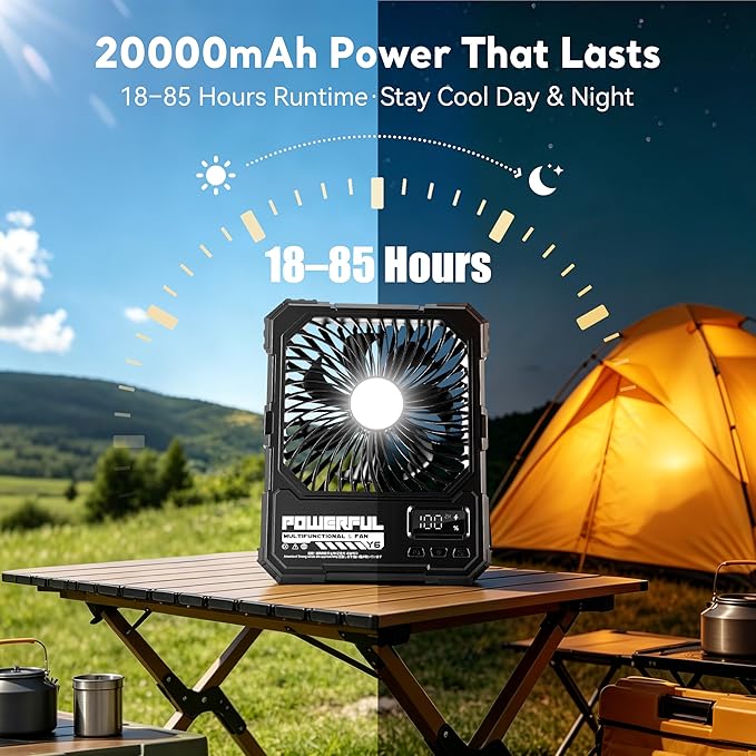 Portable Fan, Camping Fan, 20000mAh 6-Inch 18-85H Rechargeable Ultra Thin Foldable with Built-in Power Bank, LED Light, Remote Control, Hook for Outdoor Camping Tent RV Travel (Black)
