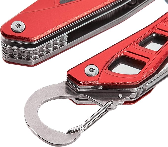 Amazon Basics 8-in-1 Stainless Steel Multitool with Safety Lock and Nylon Sheath, Red