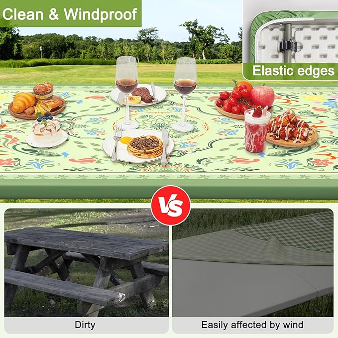 Picnic Table Cover with Bench Covers Portable Table Cloth Built-in Storage Pocket Fitted Tablecloth with Elastic Edges Waterproof Camping Essentials for Indoor Outdoor Rv,72in,DarkSeaGreen
