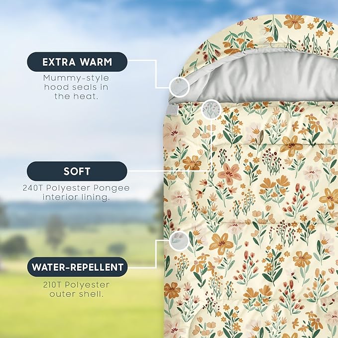 Wake In Cloud - Kids Sleeping Bag for Girls Toddlers, Camping in Warm Cold Weather, Backpacking Lightweight Compact Outdoor Liner for 3 Seasons Summer Spring Fall, Flowers Orange Cream