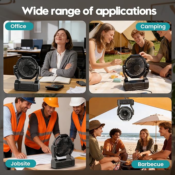 Fentara1 20000mAh Camping Fan with 64H Runtime, Rechargeable Battery Powered Portable Fan with LED Light, Quiet Travel Tent Fan for Camping, Hurricane, Fishing, Indoor Outdoor, Gifts for Men