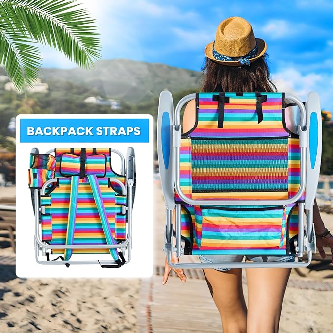 Portable Beach Chair for Adults, Outdoor Camping Chair Lay Flat Folding Backpack Beach Reclining Chair with 5 Positions, Headrest, Cup Holder, Heavy Rainbow Striped