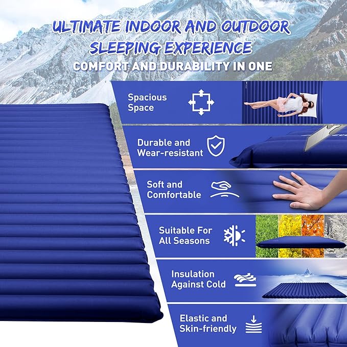 Double Camping Sleeping Pad, Ultralight Waterproof Inflatable 2-Person Sleeping Mat with Inflation Bag, Lightweight Portable Air Mattress for Outdoor Backpacking Hiking Car Traveling Tent (Navy)