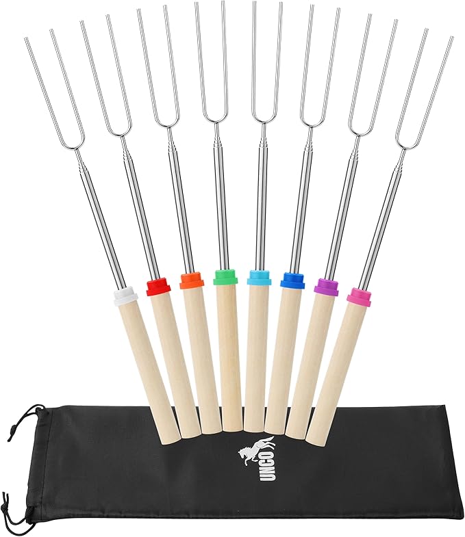 UNCO- Marshmallow Roasting Sticks with Bag, 32”, 8 Pack, Extendable Stainless Steel Smores Sticks for Fire Pit, Smores Skewers, Campfire Cooking Equipment