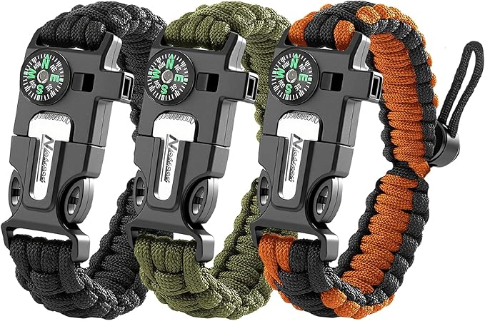 Paracord Survival Bracelet (3 Pack) - Adjustable with Fire Starter, Whistle, Compass - Survival Gear for Hiking, Camping, Fishing, Gifts for Men Dad Husband