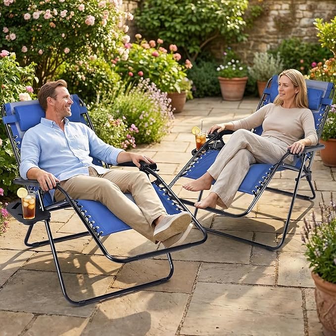Sweetcrispy Zero Gravity Chairs, Foldable Patio Reclining Chairs with Adjustable Pillow & Cup Holder, Oversized Portable Support 400 lbs, for Backyard Camping(Blue-Gray)
