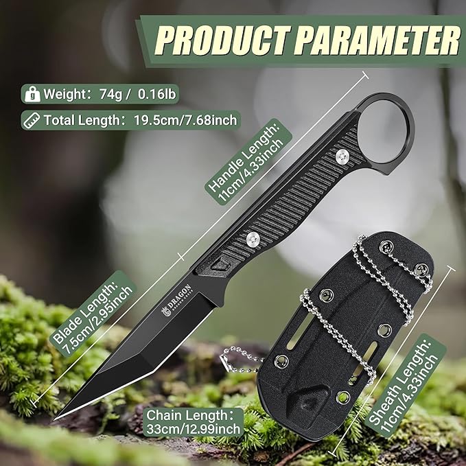 Dragon Creek Outdoor Neck Knife – Small Full Tang Fixed Blade Knife with Sheath and Chain Black Christmas Thanksgiving Gift