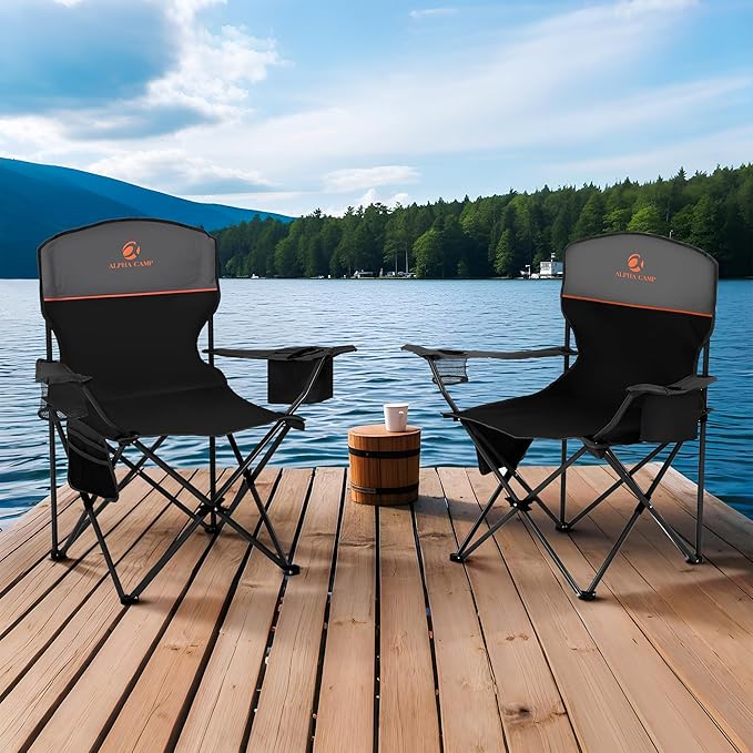 ALPHA CAMP Camping Chairs 350LBS Capacity, Heavy Duty Folding Chair with 4-Can Cooler Bag, Portable Outdoor Chair with Cup Holder for Adults, Collapsible for Tailgating, Beach, Fishing,Black,2PC