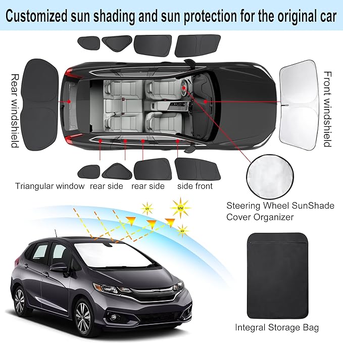 10PCS Windshield Sun Shade Custom Fit for 2015-2020 Honda Fit Accessories Foldable Sunshade Side Rear Window Shade Cover Full Set Privacy Protection Keeps Car Cool