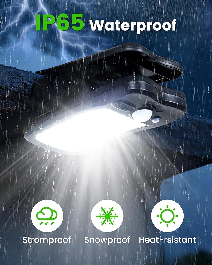 Clip on Solar Lights for Fence, 3 Modes Solar Motion Lights Outdoor Waterproof, 60LEDs 500LM Portable Security Light for Fence, Deck, Garage, Camping, USB Charging, 6 Black