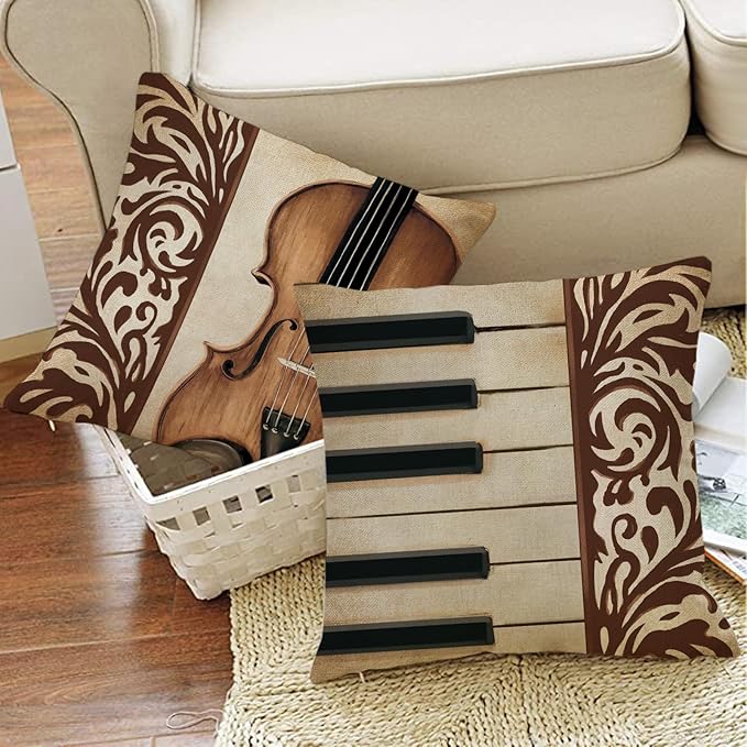Classical Music Decorative Throw Pillow Covers 20 x 20 Set of 4, Vintage Instrument Violin Piano Trumpet Note Home Decor, Retro Sofa Couch Cushion Case Music Lover Singer Fan Housewarming Gift