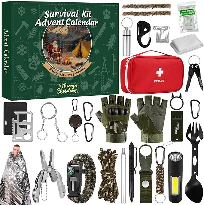 Natonhi Survival Kit Advent Calendar 2025 for Adult Men, 24 Days of Christmas Outdoor Gear & Emergency Tools for Adventure, Camping, Hiking-Christmas Countdown Gift for Adult Teen Adventure Lover