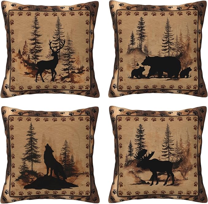 Deer Wolf Throw Pillow Covers 18 X 18 Inch Set of 4 Decorative Cushion Cover Home Decor for Sofa Chair Couch Bedroom Living Room