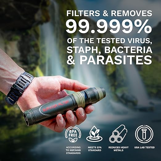 Survivor Filter Emergency Water Straw – USA-Tested – 0.05 Micron Filtration – Portable Outdoor Water Filter for Camping & Hiking - No Expiration