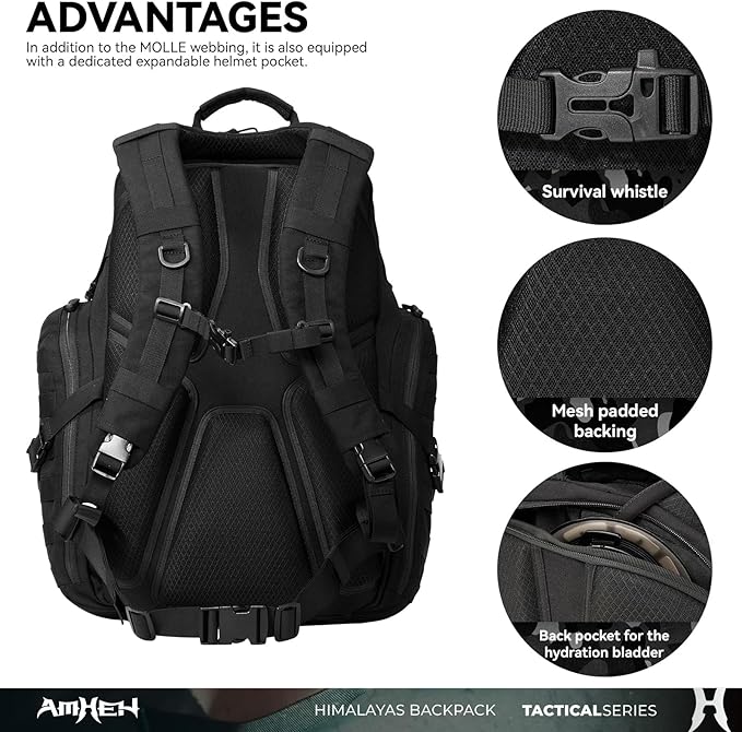 AMHEH 52L Tactical Backpack - 1050D 72 Hour Bug Out, 17" Laptop Compartment, Helmet Pocket and MOLLE for Survival Emergency (Black)