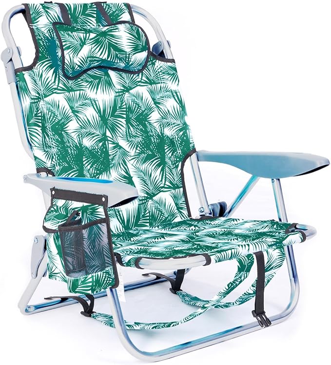 Portable Beach Chair for Adults, Outdoor Camping Chair Lay Flat Folding Backpack Beach Reclining Chair with 5 Positions, Headrest, Cup Holder, Heavy Leaf