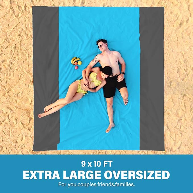 Famstar Beach Blanket Oversized Extra Large 10'X 9',Waterproof Sandproof Beach Blanket 2-8 Adults Lightweight Durable for Travel Camping Hiking Picnic (10'X 9', Blue&Grey)