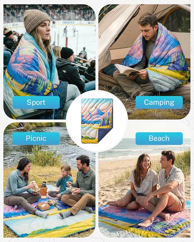 Gonex Camping Blanket with Aero-Warmth Breathable Layer - Puffy Printed Packable Blanket, Ultralight Wearable Water-Resistant Quilt, 79" X 55" for Camping, Beach, Hiking, Travel, Picnics (Landscape)