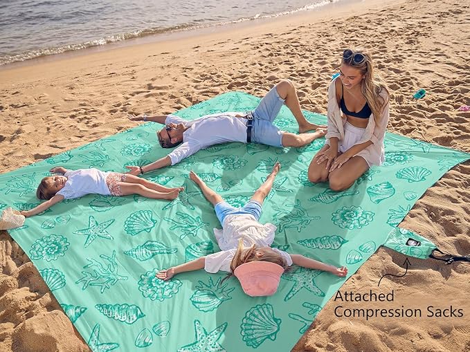 WEKAPO Beach Blanket Waterproof Sandproof Oversized, Extra Large Beach Mat Sand Free, Lightweight & Compact Sand Free Mat with 5 Stakes & 4 Corner Pockets