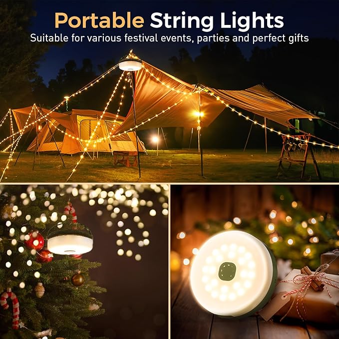 Camping String Lights, Quick Storage 32.8FT Rechargeable Tent Lights String with 8 Modes, Hanging Waterproof Portable LED Lamp for Camping Outdoor Patio Awning Garden Party Essentials