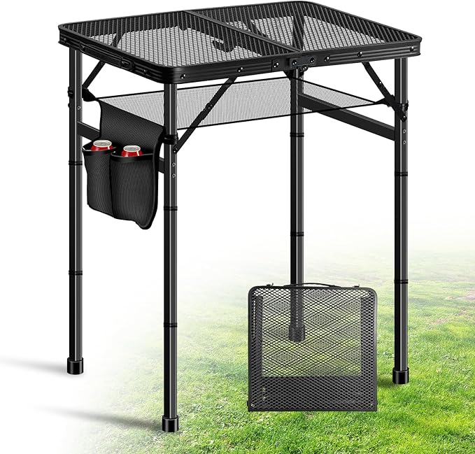 Ciavca Upgraded Folding Grill Table - Metal Portable Camping Table, 3 Height Adjustable Max 28", Lightweight Foldable for Outside BBQ 24"x15.8"