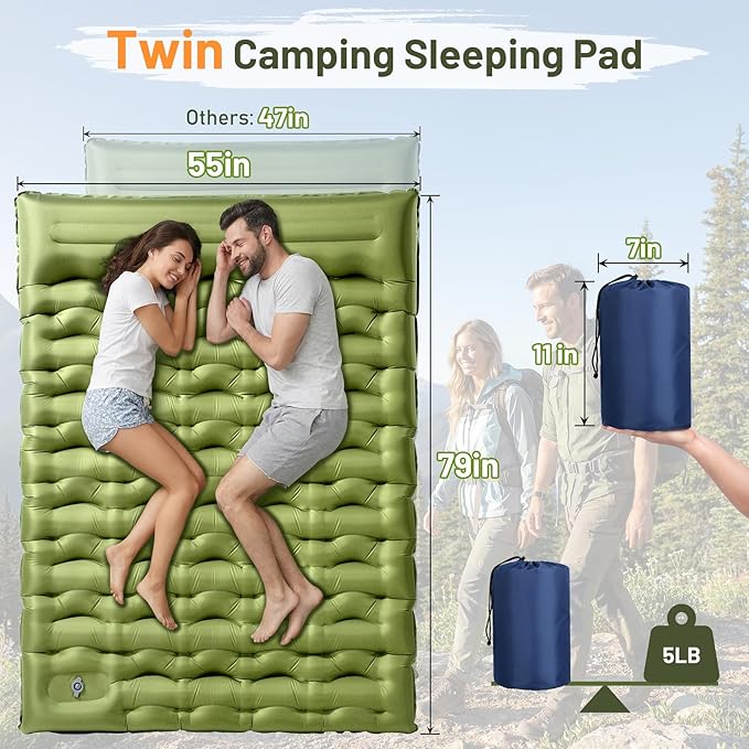 KASBAH Double Inflatable Camping Sleeping Pad,Thick 6 inch 2 Person Ultralight Sleeping Mat with Built-in Foot Pump and Pillow,Camping Essentials for Hiking,Backpacking,Traveling, Tent