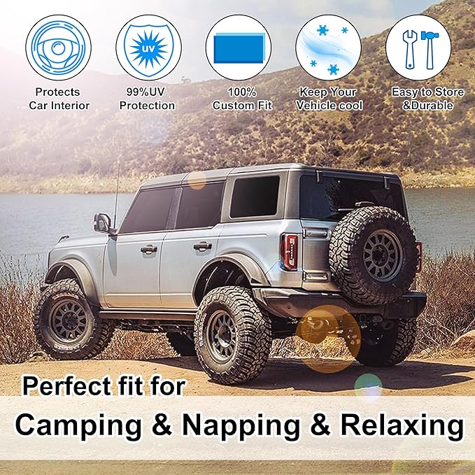 5PCS Windshield Sun Shade Custom Fit for 2021-2024 2025 Ford Bronco Accessories(Not for Bronco Sport) Foldable Sunshade Side Rear Window Shade Cover Full Set Privacy Protection