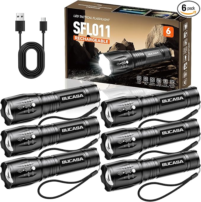 BUCASA 6 Pack Rechargeable Flashlights High Lumens, Brighter Small Flashlight Powerful Tactical Flashlights Rechargeable, Waterproof LED Flashlight with 3 Zoomable Modes for Camping Emergency