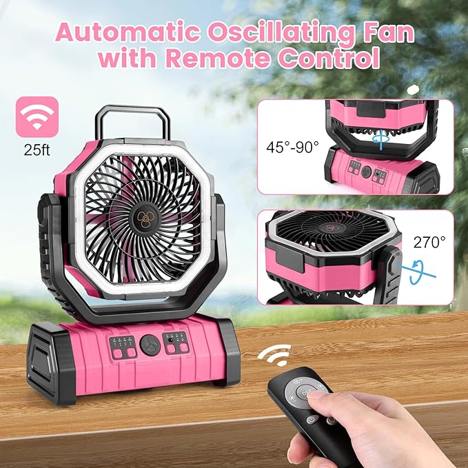 Odoland 30000mAh Camping Fan with LED Lantern, Rechargeable Battery Operated Oscillating with Remote Hook, Portable Tent Fan with Timer, 4 Speeds for Outdoor RV Jobsite Power Outage, Pink