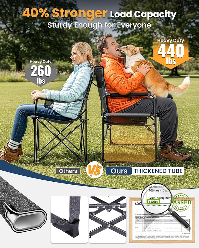 KingCamp Oversized Camping Directors Chair with Side Table, Compact Design Heavy Duty 440lbs, Folding Portable Padded Camp Chairs with Extra Wide Seat & Anti-Sag Fabric for Outdoor Fishing Sports Lawn