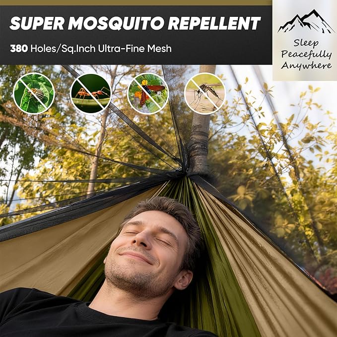 Camping Hammock with Mosquito Net, 600 lbs Portable Hammock with Tree Straps,2-in-1 Double/Single Travel Hammocks Tent for Outside/Indoor/Backpacking/Beach-Green&Khaki